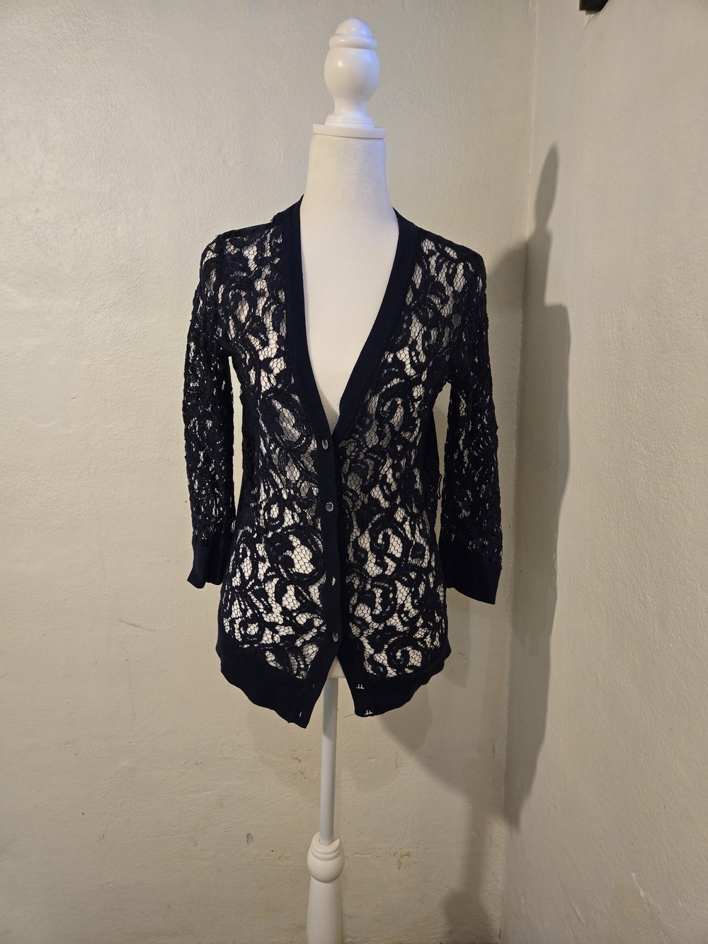 New York & Company Navy Lace Cardigan Size XS